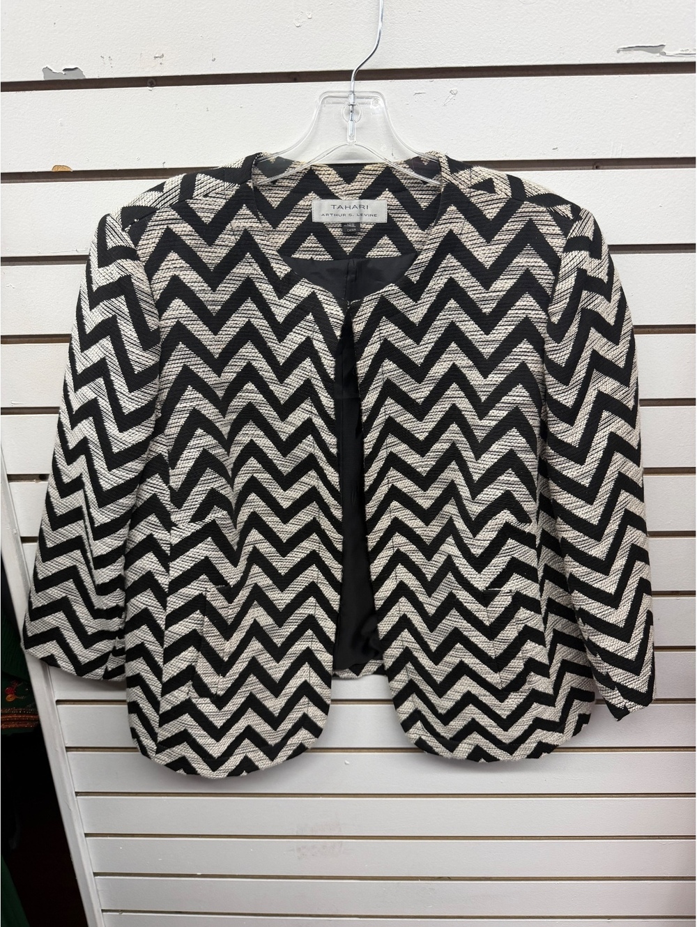Tahari Arthur S. Levine 14W Black Cream Chevron Open Front Jacket Blazer